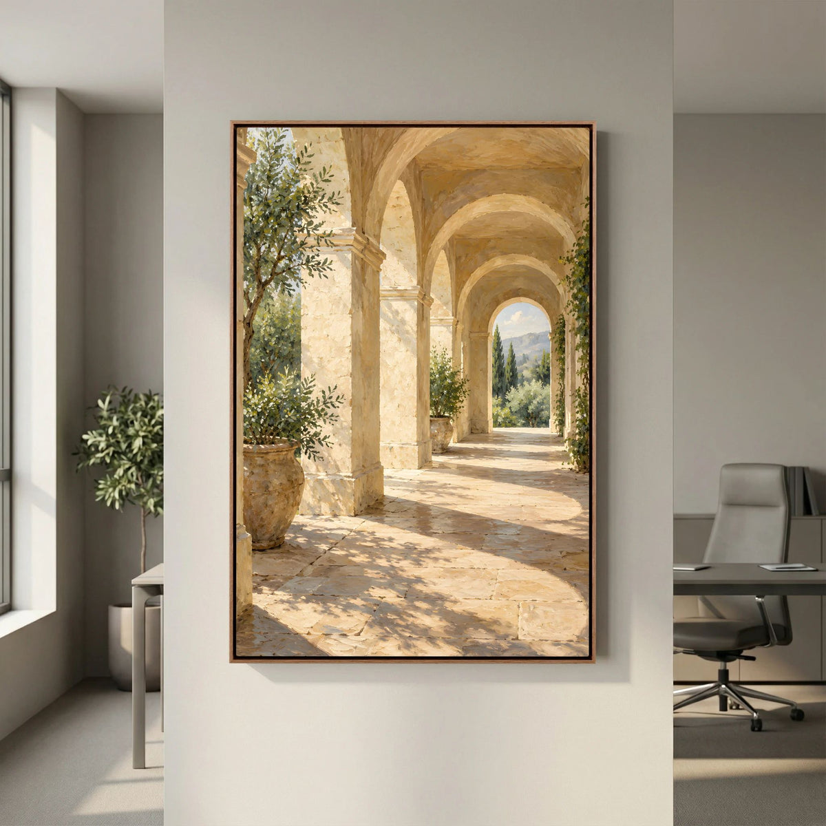 لوحة Afternoon Arcade على الكانفاس بأقواس حجرية مشمسة، معلّقة على جدار بجوار مدخل مكتب في تصوّر لغرفة.