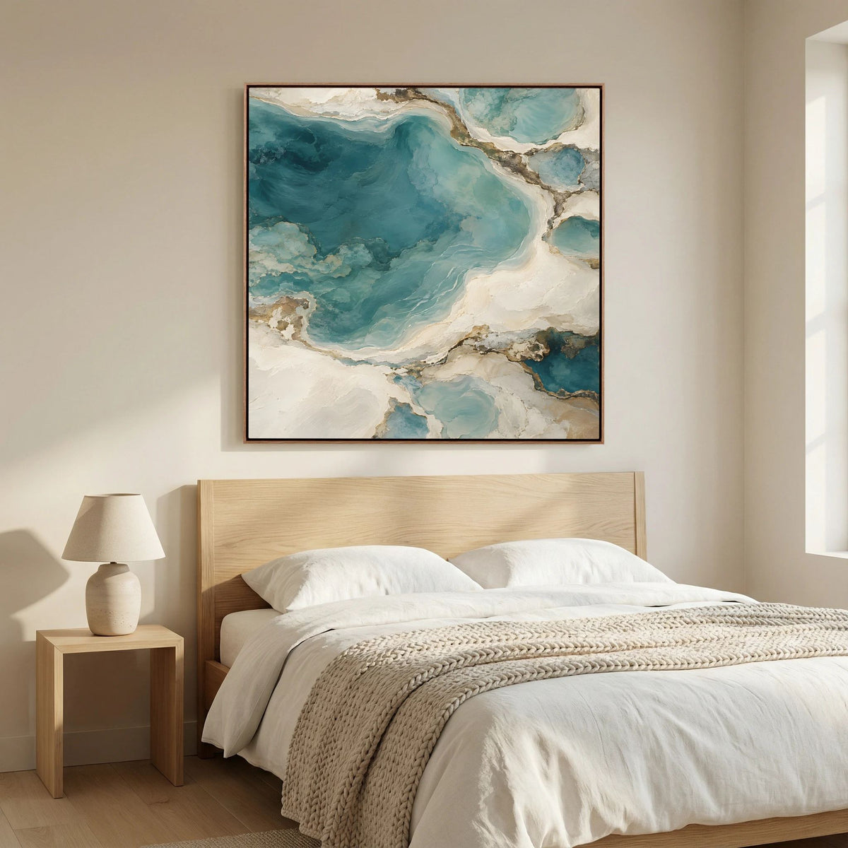 Tela abstrata Tidal Rhythm em tons de azul-petróleo e areia sobre uma cama de madeira num quarto ilustrativo.