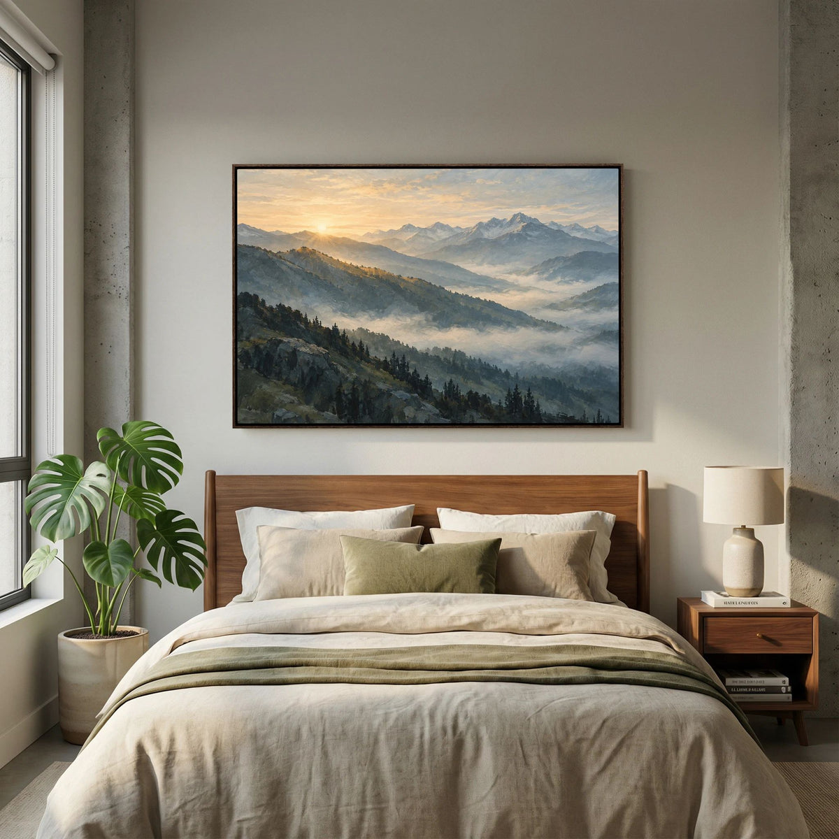 First Light Ridge mountain canvas above a bed, with misty ridges and sunrise in a bedroom mockup.