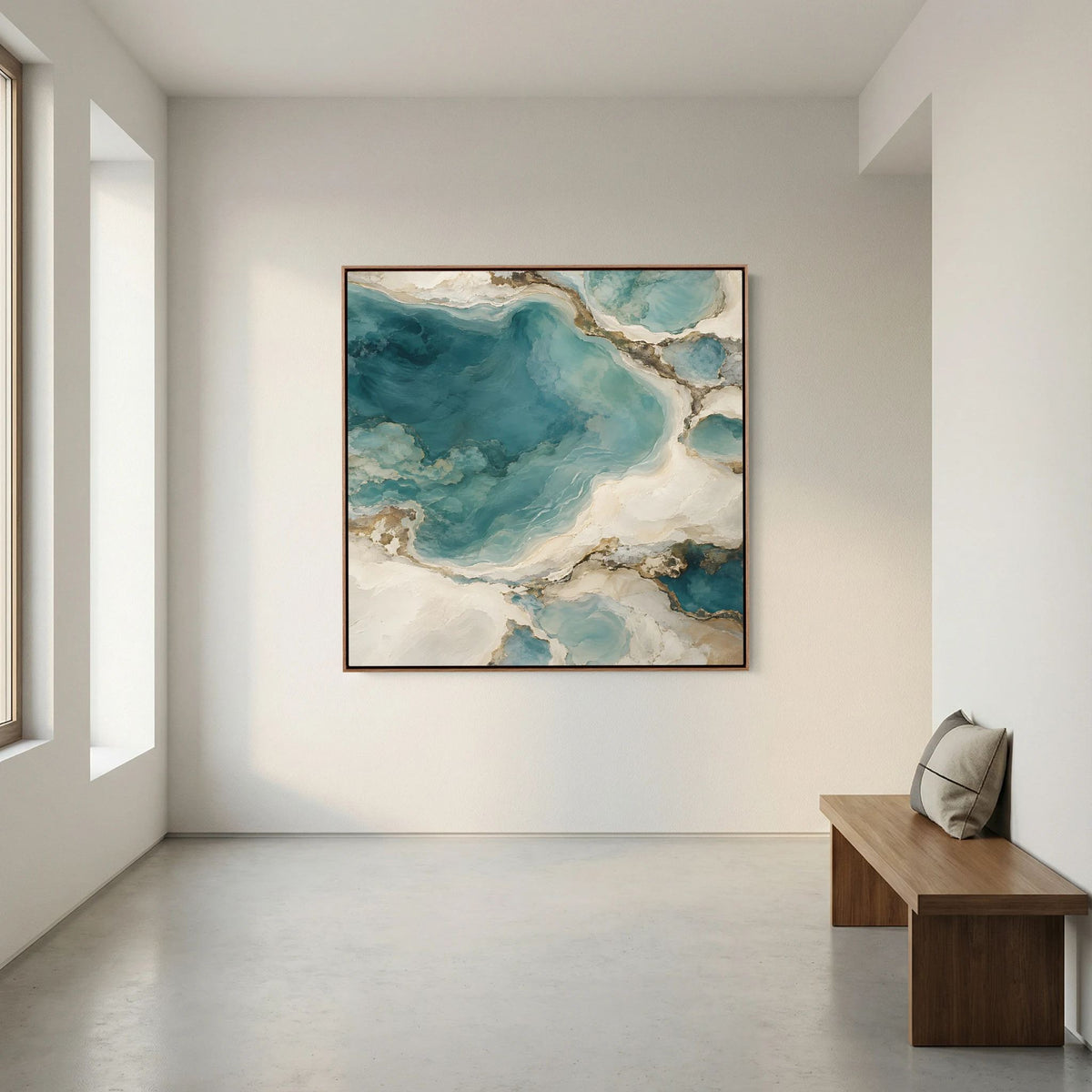 Arte abstrata quadrada Tidal Rhythm numa parede clara junto a um banco num ambiente ilustrativo.