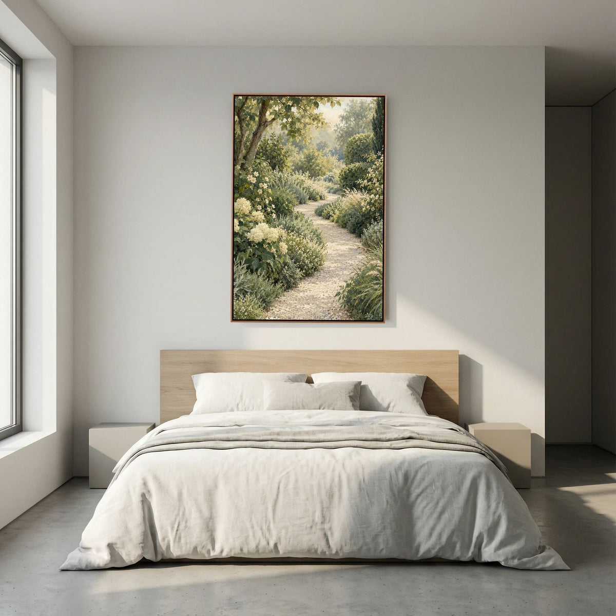 Tela botânica The Winding Garden sobre uma cama, com um caminho de jardim luminoso num quarto ilustrativo.