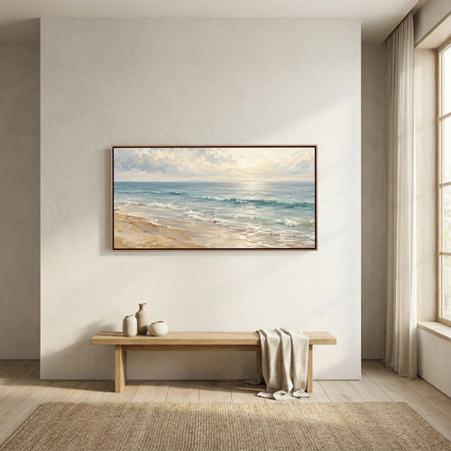Tela costeira Atlantic Quiet com ondas verde-água, sobre um banco de madeira num ambiente ilustrativo luminoso.