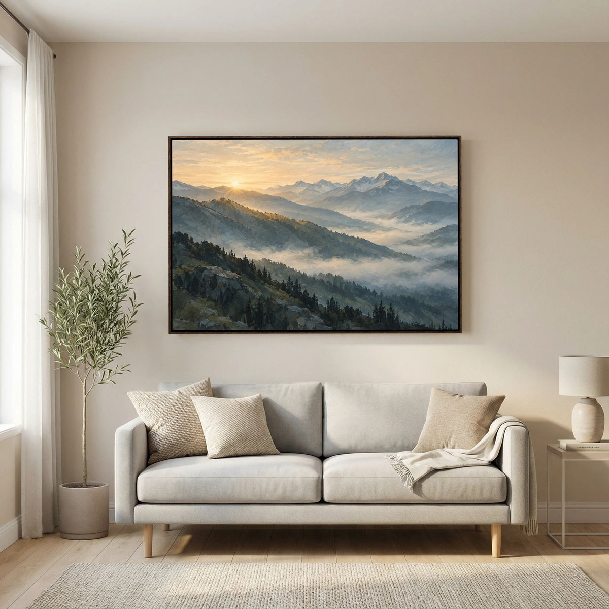 Tela de paisagem First Light Ridge sobre um sofá claro num ambiente ilustrativo de sala.