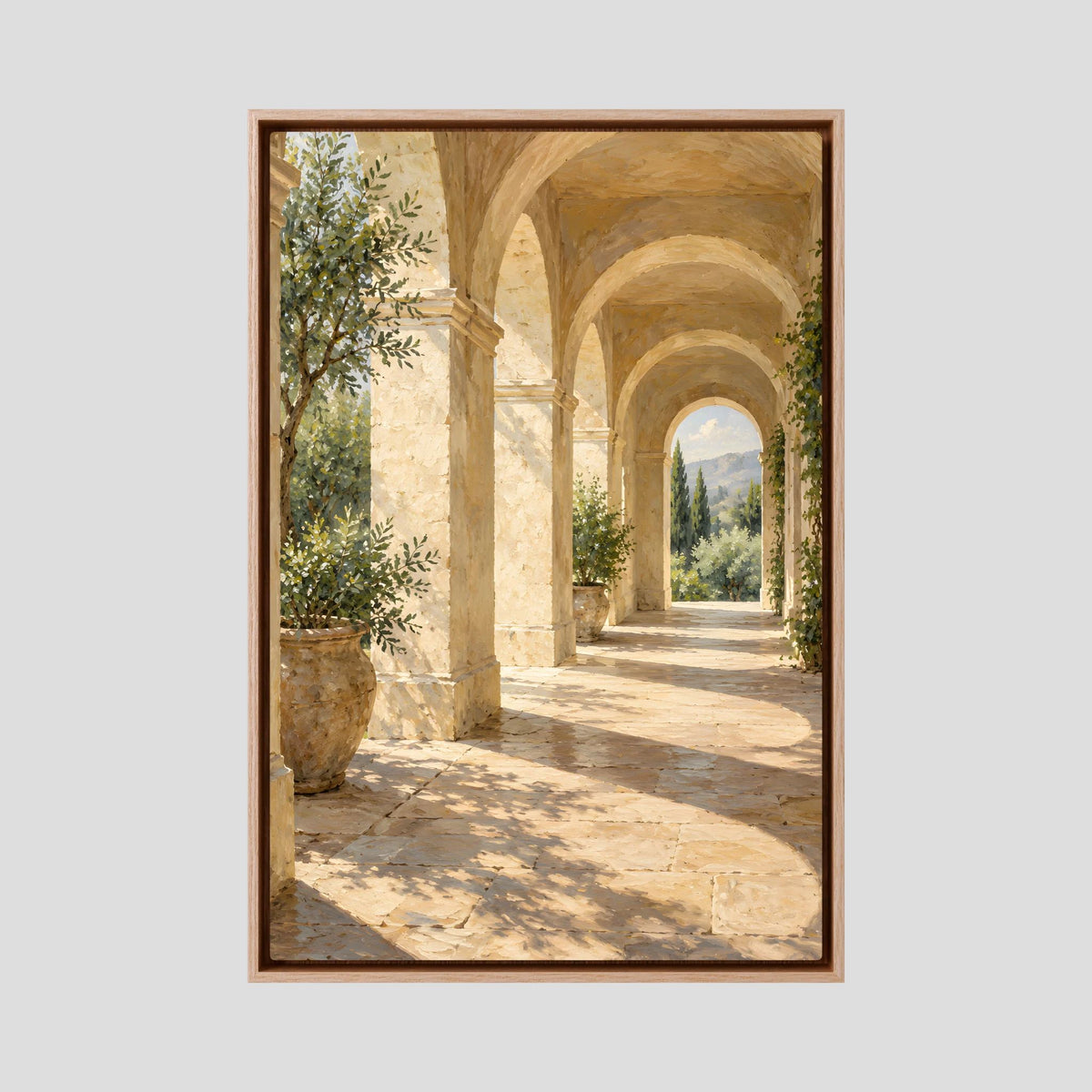 Tela arquitetónica Afternoon Arcade com moldura de carvalho, arcos dourados e vista para um jardim.