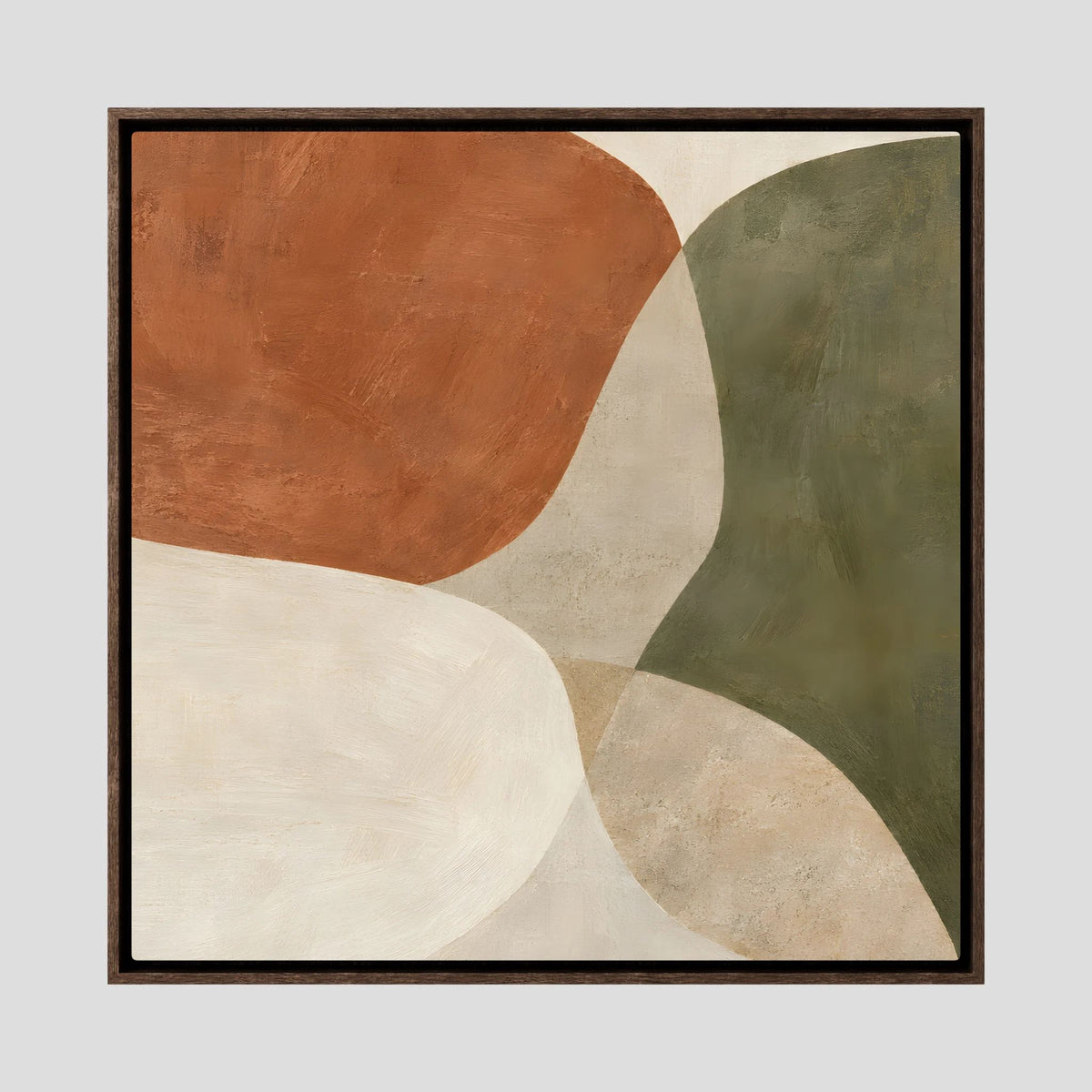 Tela abstrata orgânica Earth in Balance com moldura de carvalho escuro.