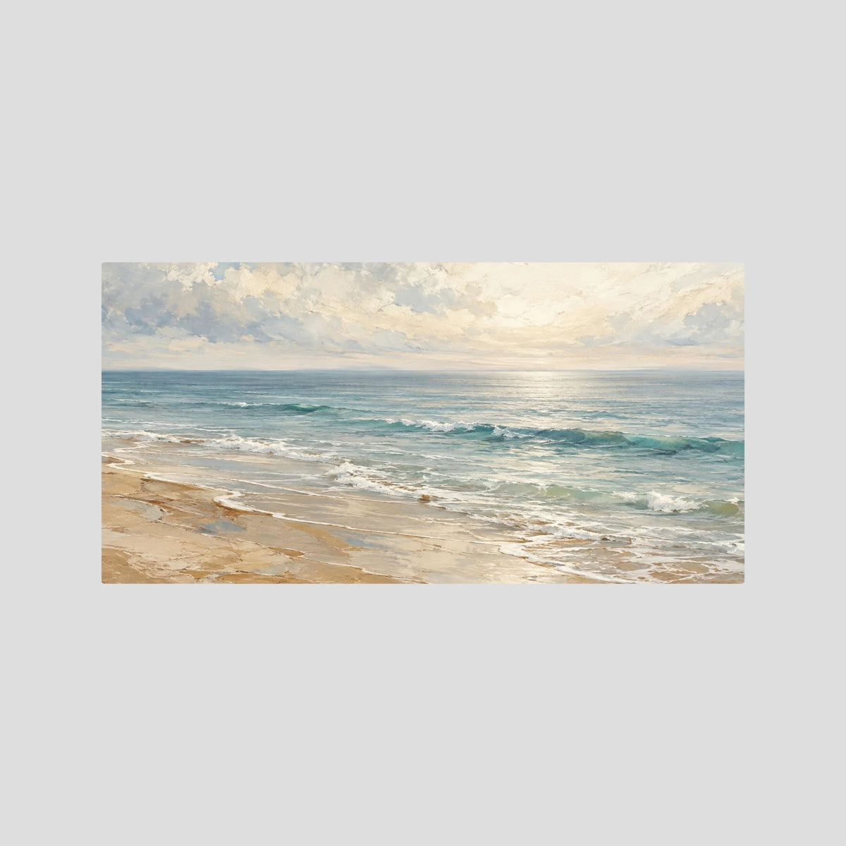Tela esticada Atlantic Quiet sem moldura exterior, com ondas azuis e verdes e uma praia de areia.