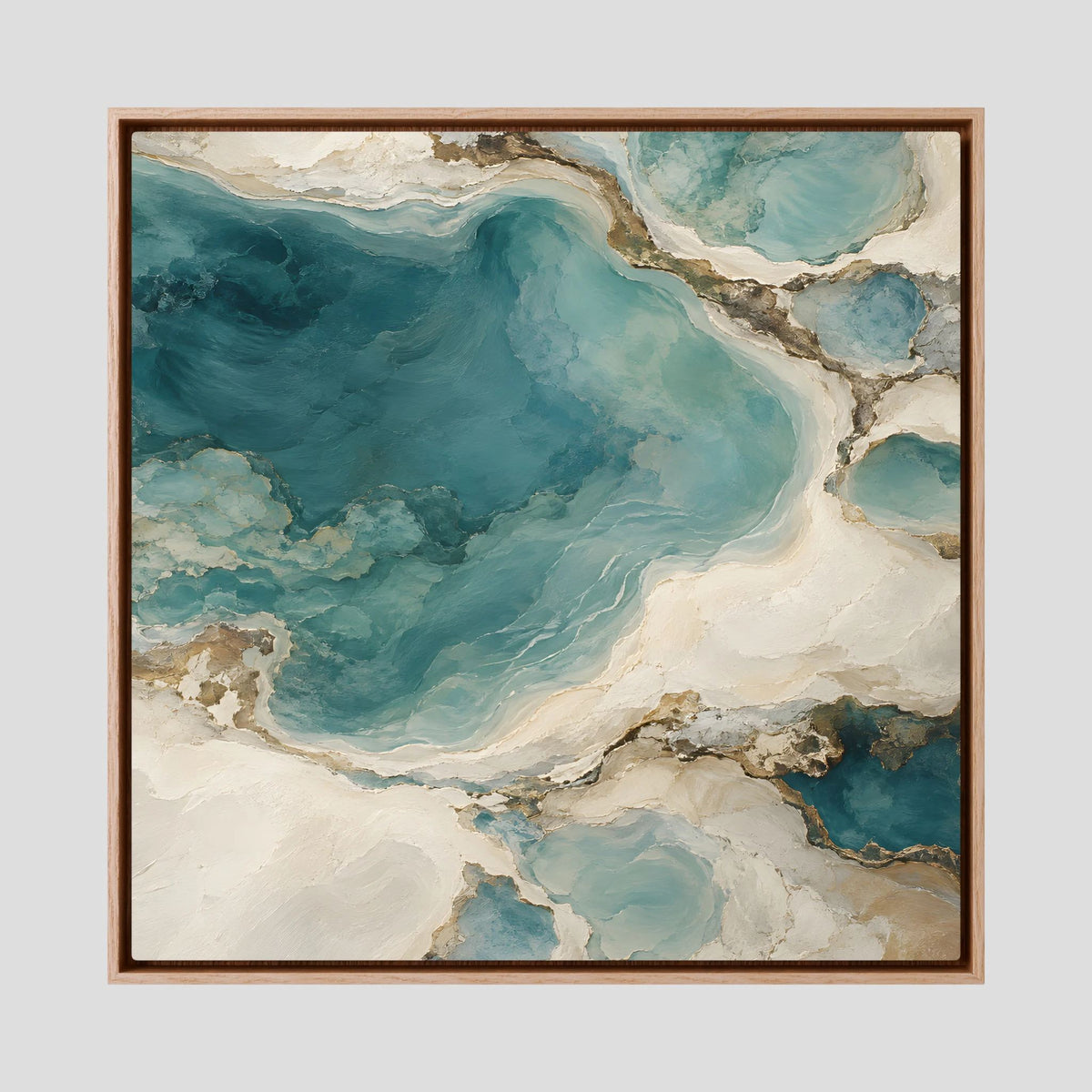 Tela quadrada Tidal Rhythm com moldura de carvalho e formas em azul-petróleo, verde-água e areia.