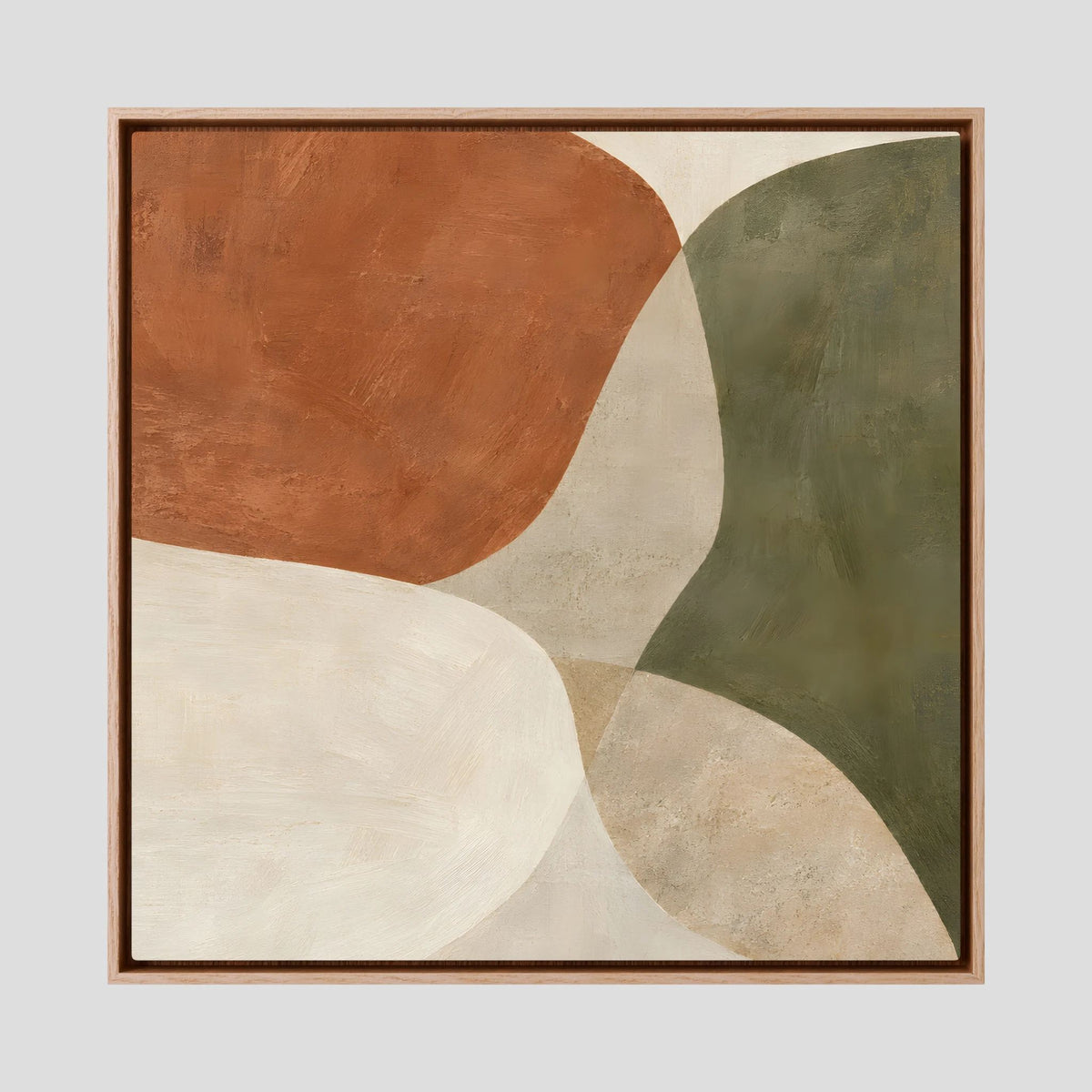 Tela abstrata Earth in Balance com moldura de carvalho e formas orgânicas em terracota, verde-oliva e tons neutros.