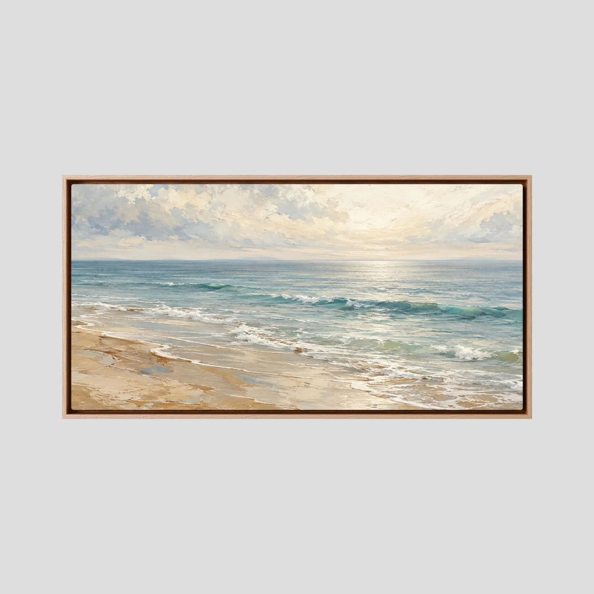 Tela costeira Atlantic Quiet com moldura de carvalho, uma praia luminosa e o mar azul-esverdeado.