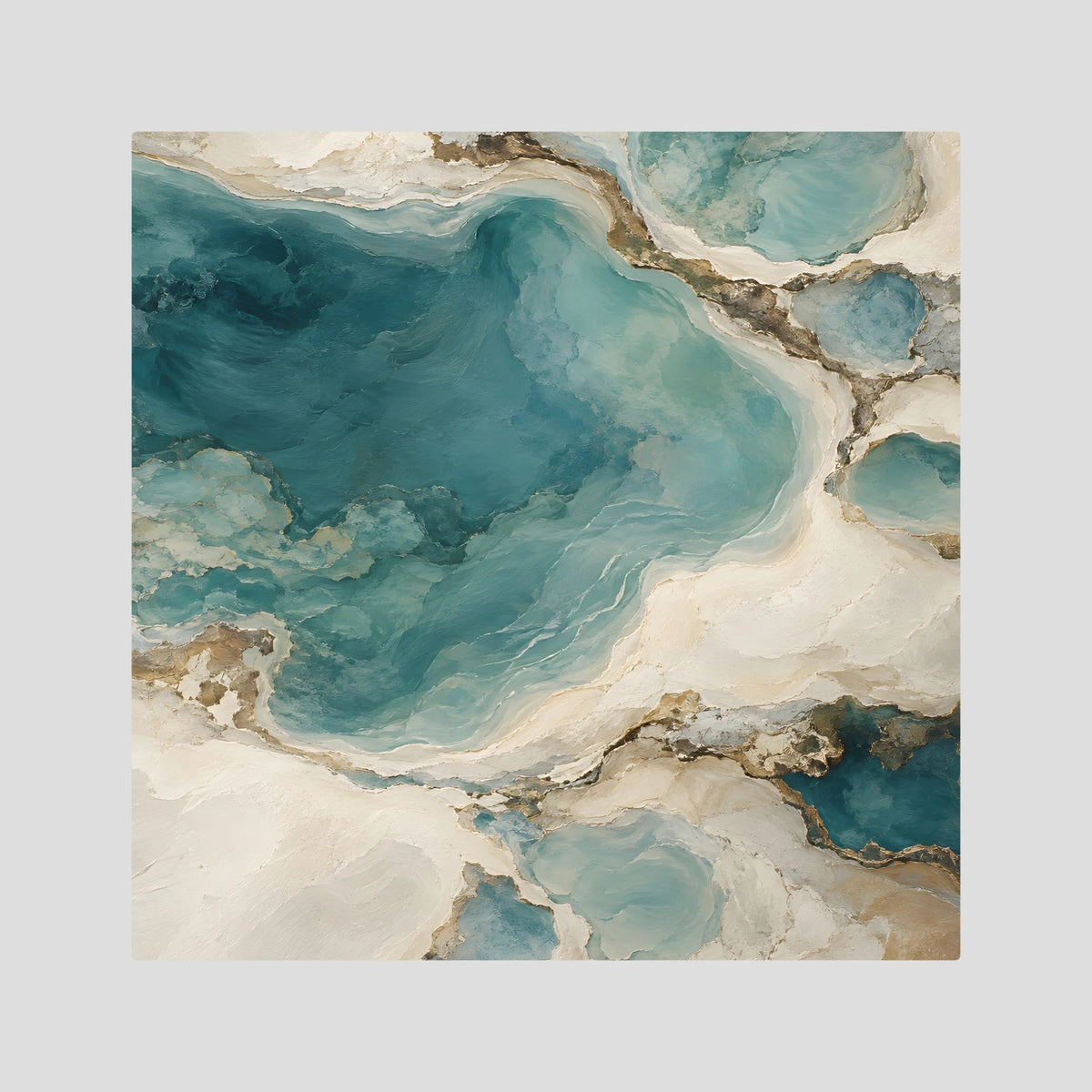 Tela esticada Tidal Rhythm sem moldura exterior, com formas abstratas em azul-petróleo e areia.