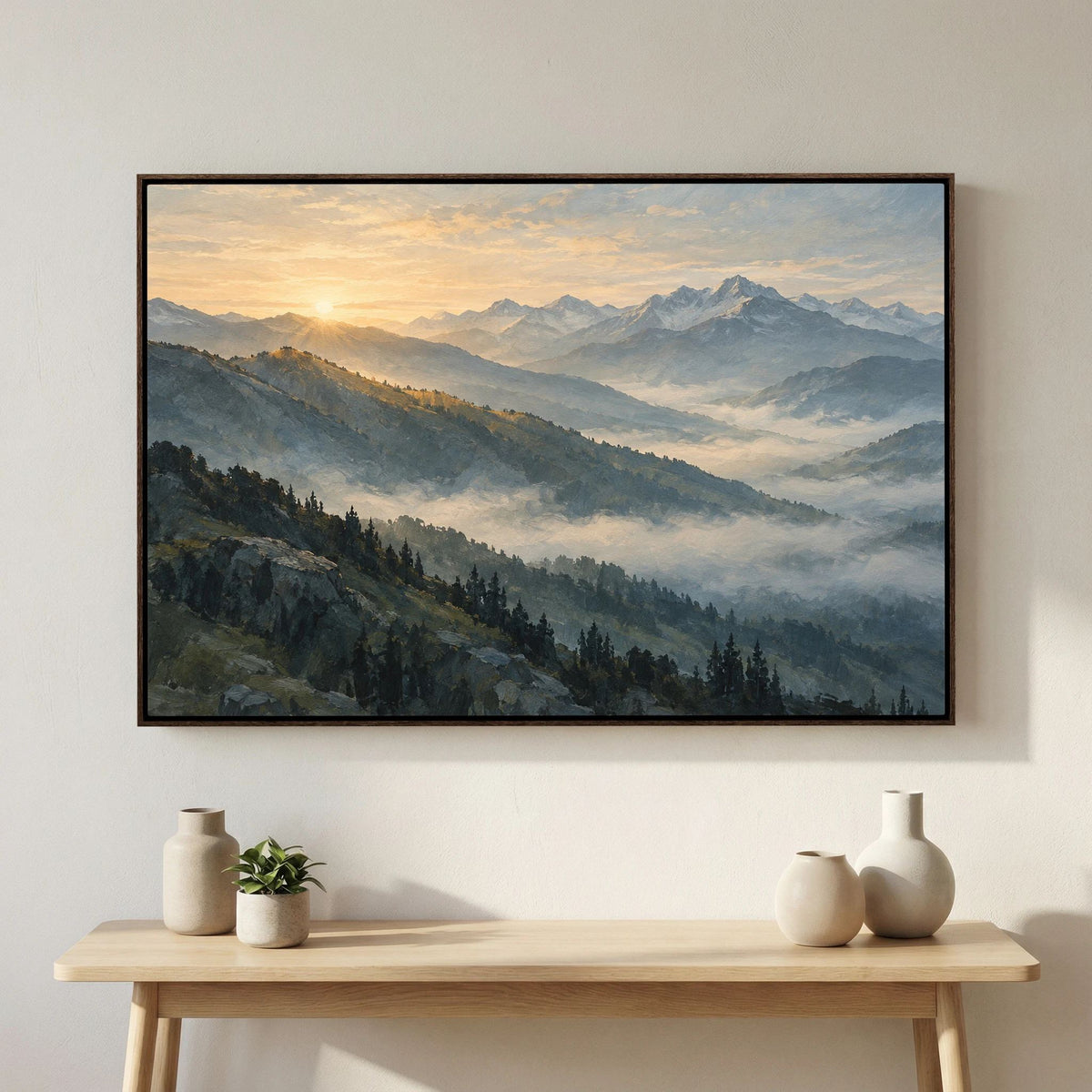 Arte First Light Ridge sobre uma consola, com luz dourada sobre picos azul-acinzentados.