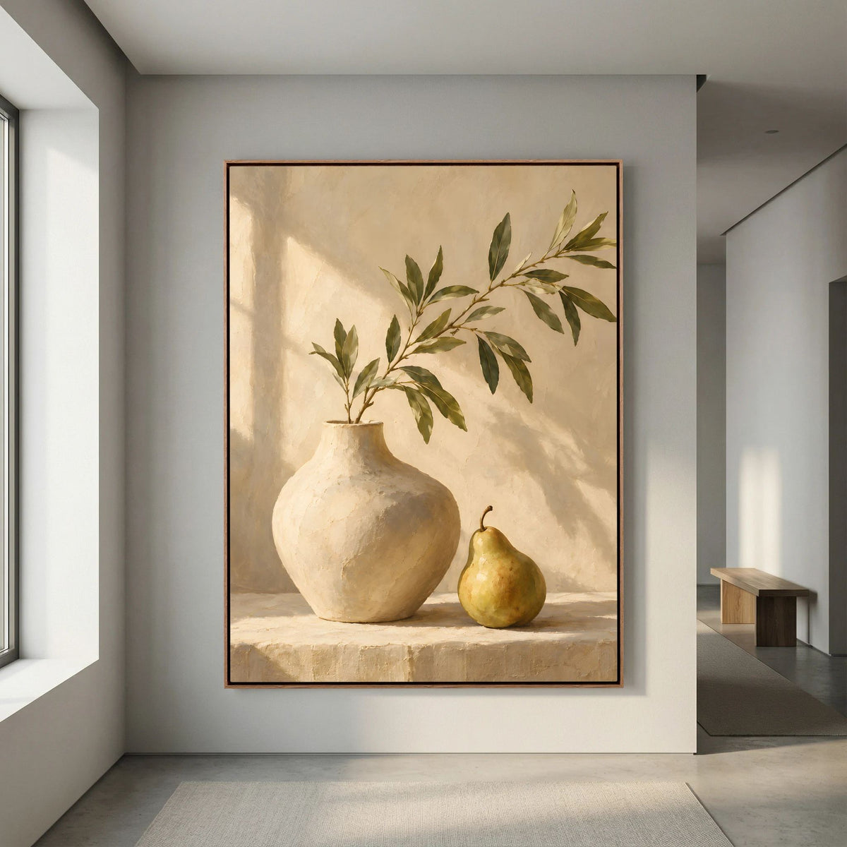 Arte vertical Collected Morning numa parede junto a uma passagem num ambiente ilustrativo.